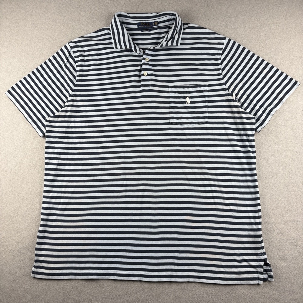 Polo Ralph Lauren Classic Fit Polo Shirt Blue Striped Pocket Pony Men's Large